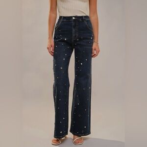 Elegant Midnight Blue Embellished Wide Leg Jeans